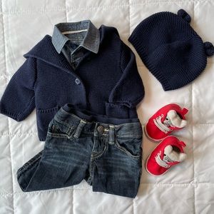 Baby Gap navy blue Brannan Bear Sweater & matching knit bear hat 0-3 months